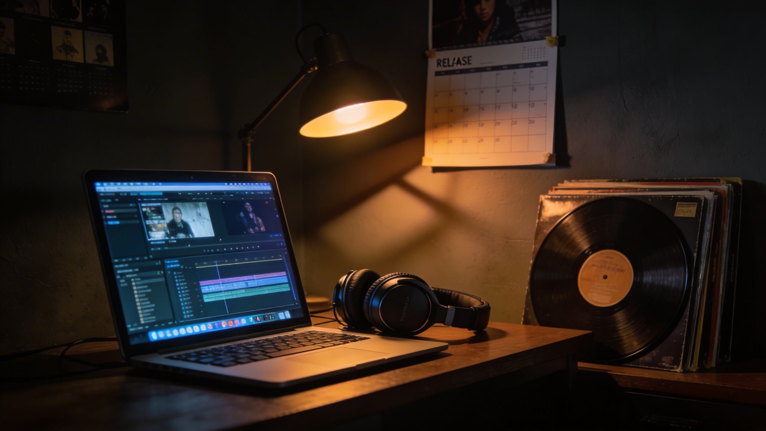 Dark music studio with streaming dashboard, vinyl records, and warm amber lamp