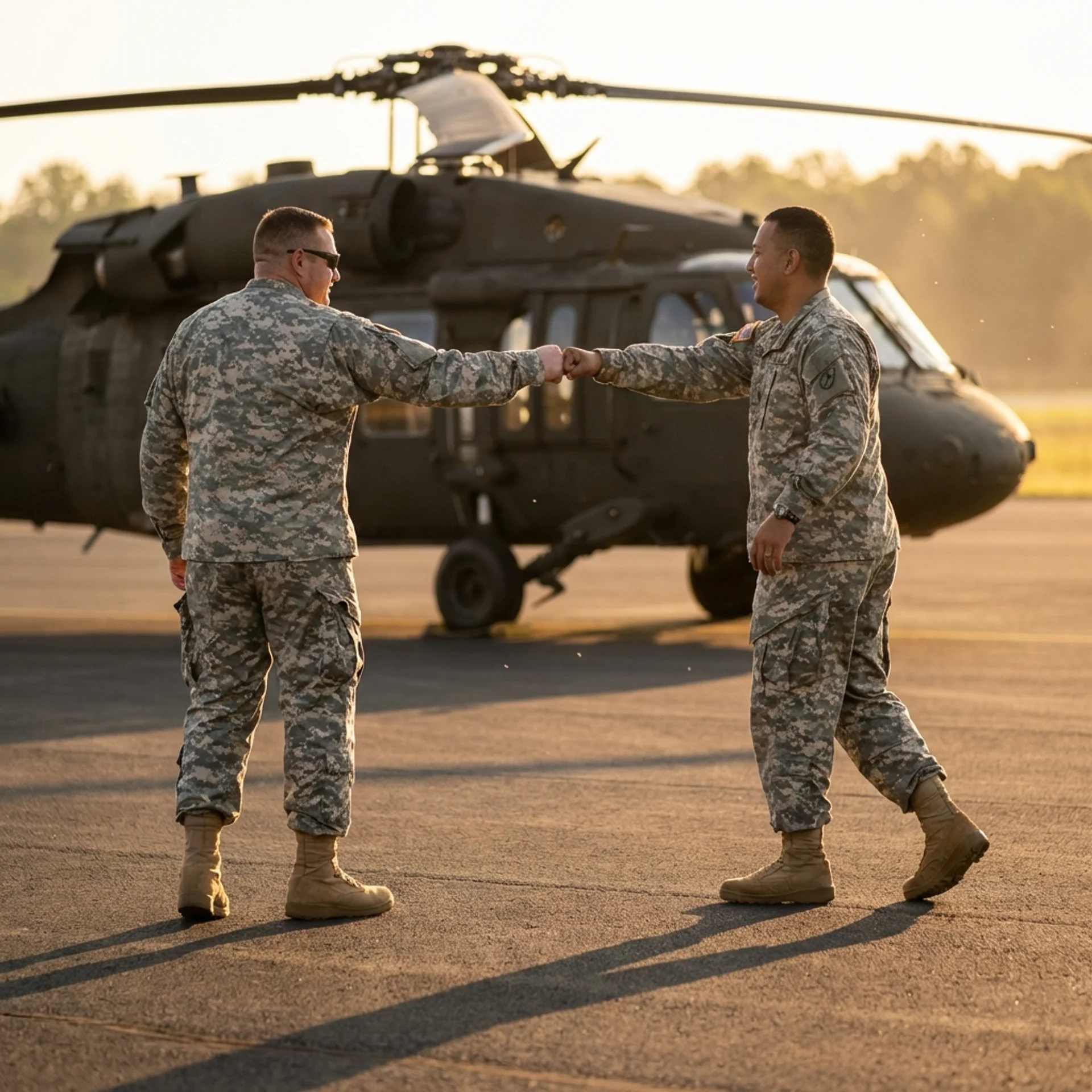 Soldiers fist bump at airfield